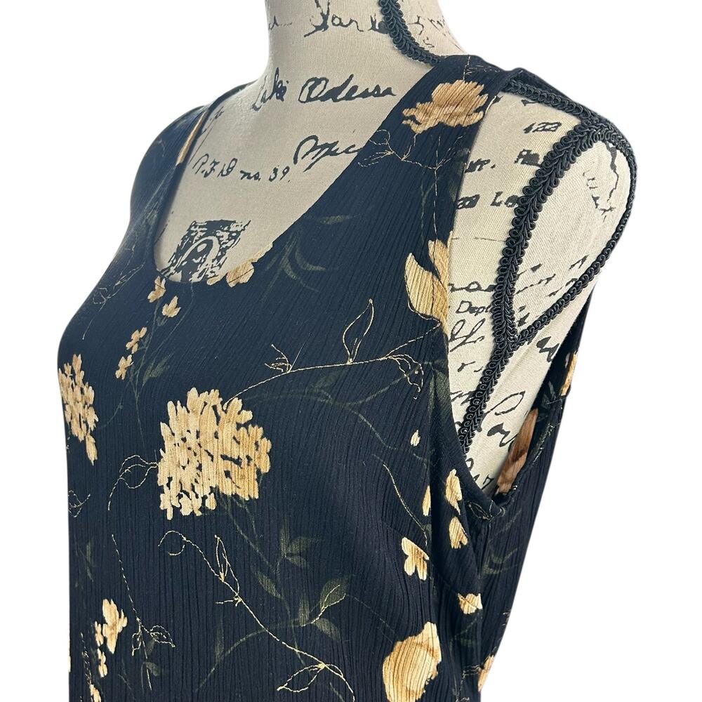 Vintage R&K Originals Dress Size 16 Black Tan Floral Crinkle Crepe Tie Back Maxi - Picture 2 of 10